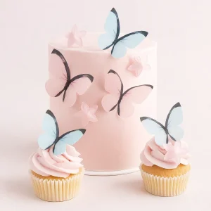 Fjärilar & blommor ätbara Wafer Blå & rosa pastell